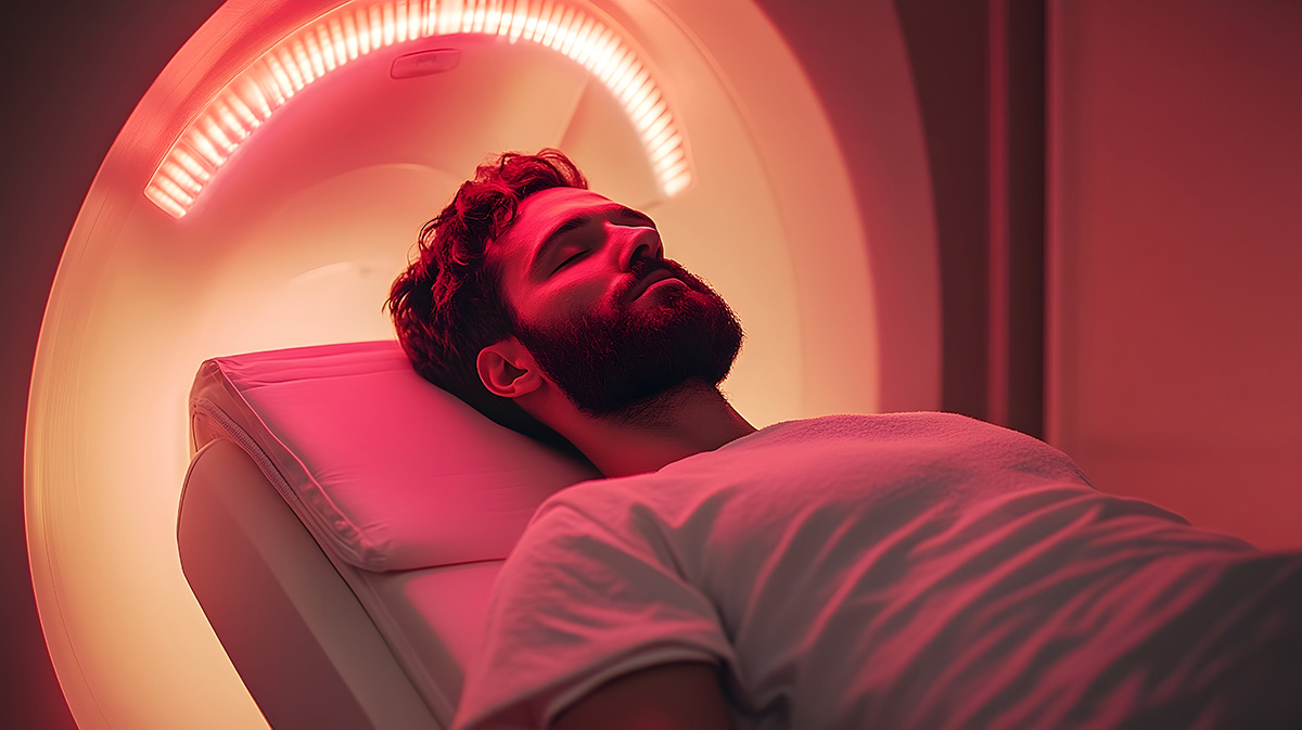 Man resting in red light therapy device